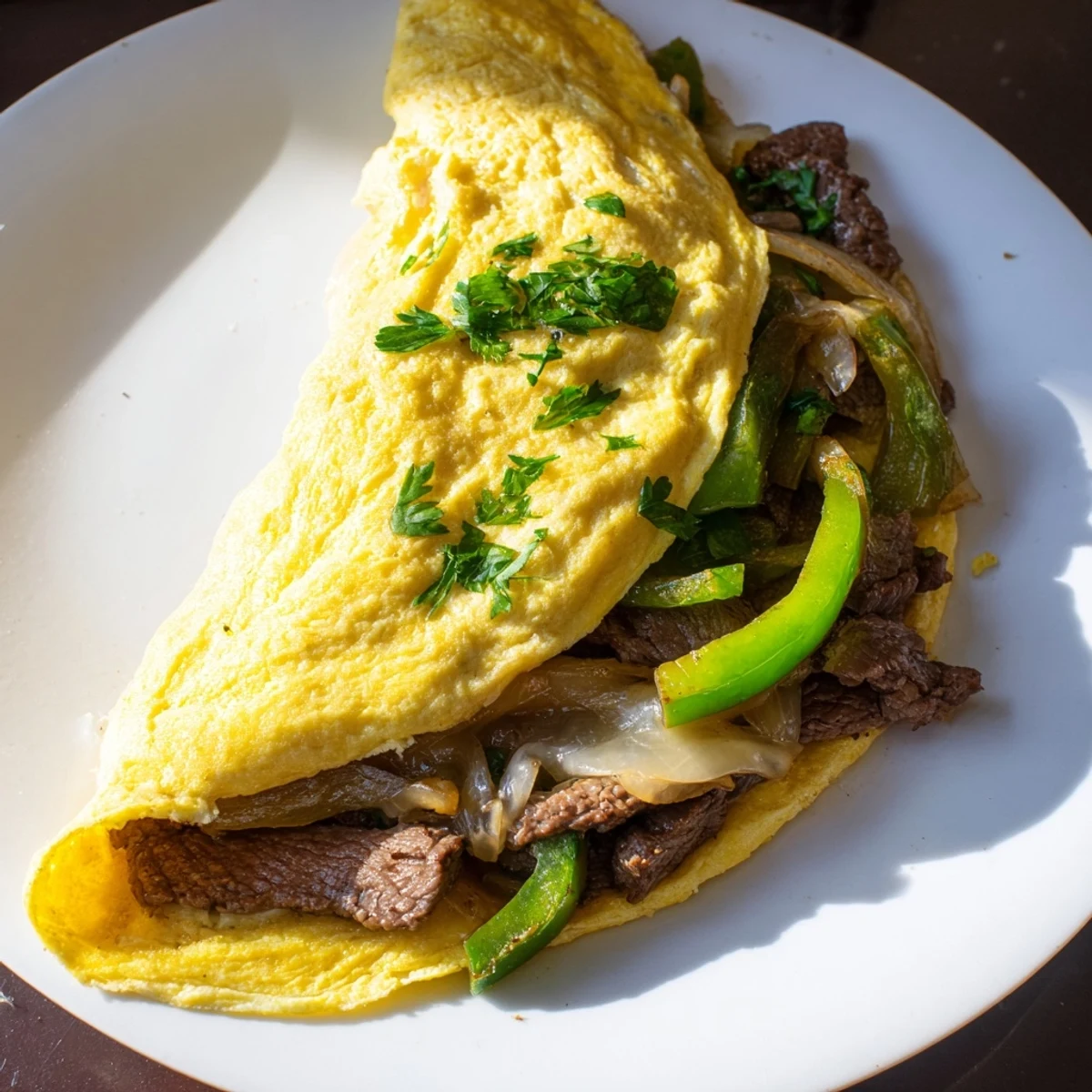 Golden Philly Cheesesteak Omelette topped with melted provolone and fresh parsley.  