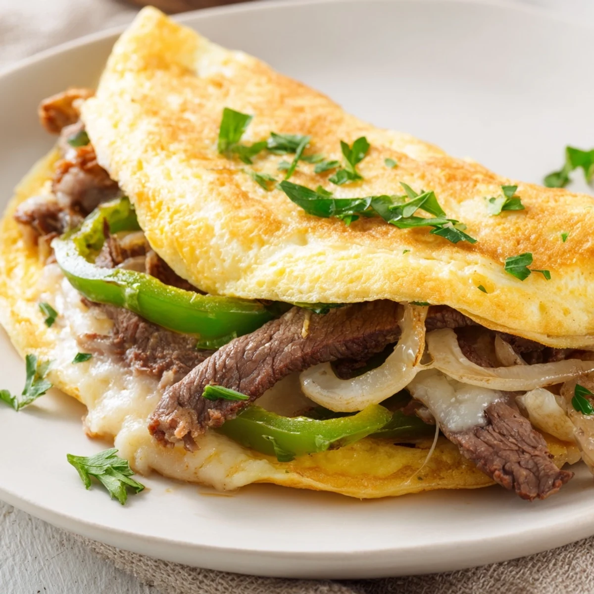 Fluffy eggs stuffed with savory steak, peppers, and onions for breakfast.  