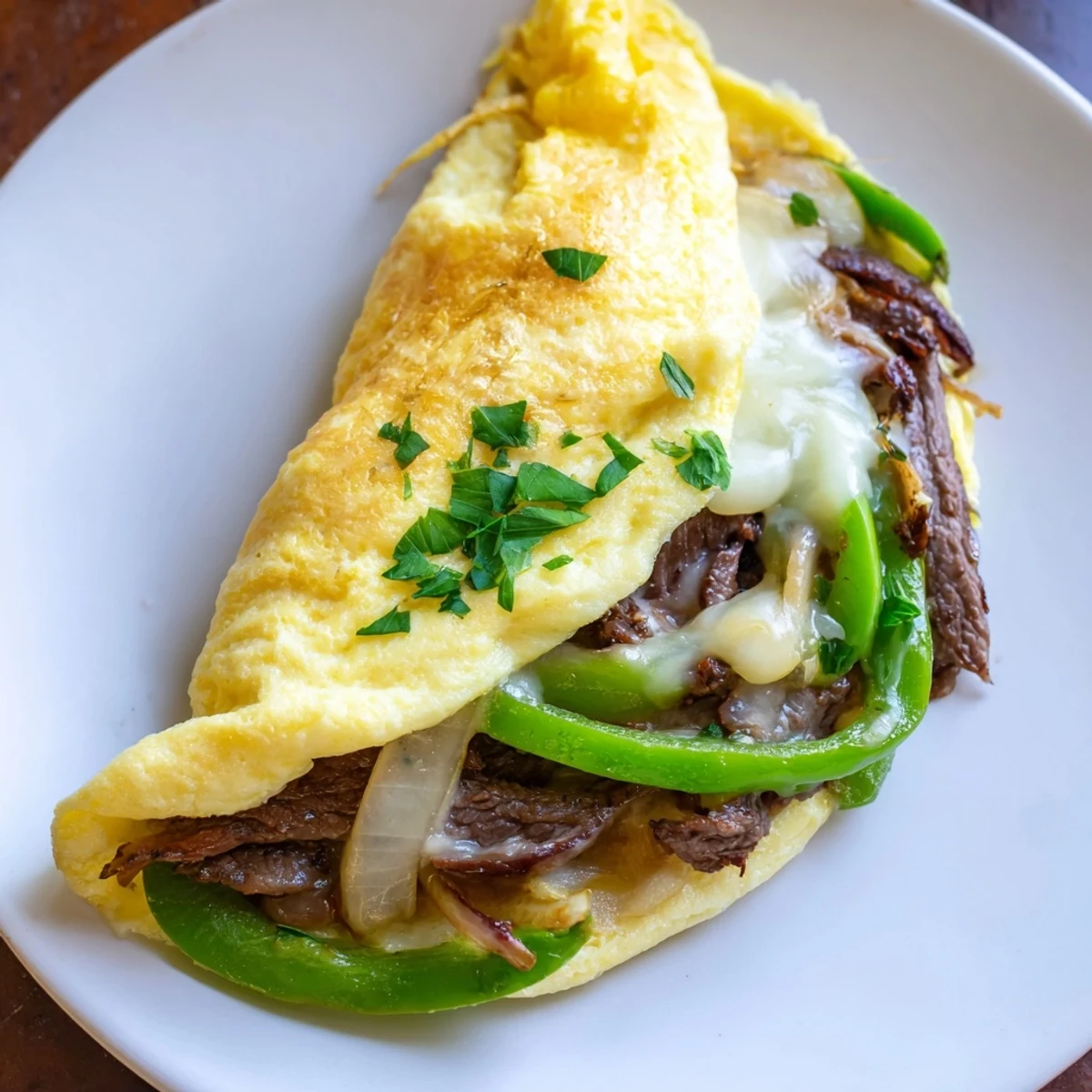 Delicious omelette filled with tender beef and melted cheese on a white plate.