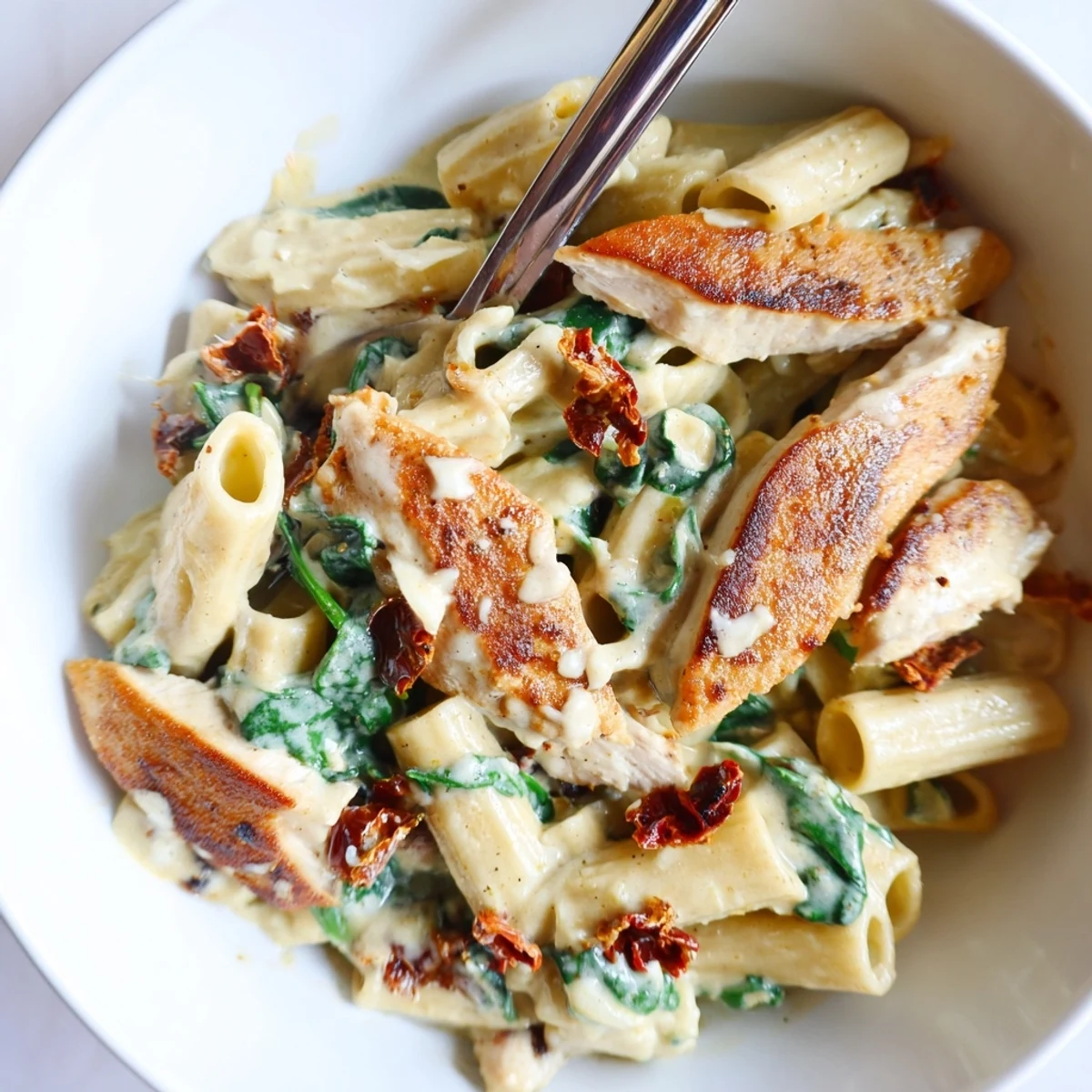 Golden chicken pieces tossed with pasta in a rich, creamy Tuscan sauce with sun-dried tomatoes and spinach.  