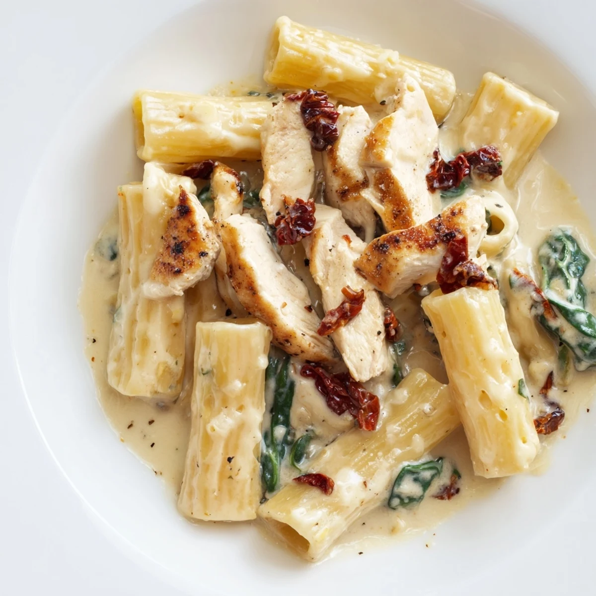 One pan Tuscan chicken pasta simmered with garlic, cream, and wilted spinach for an easy weeknight dinner.  