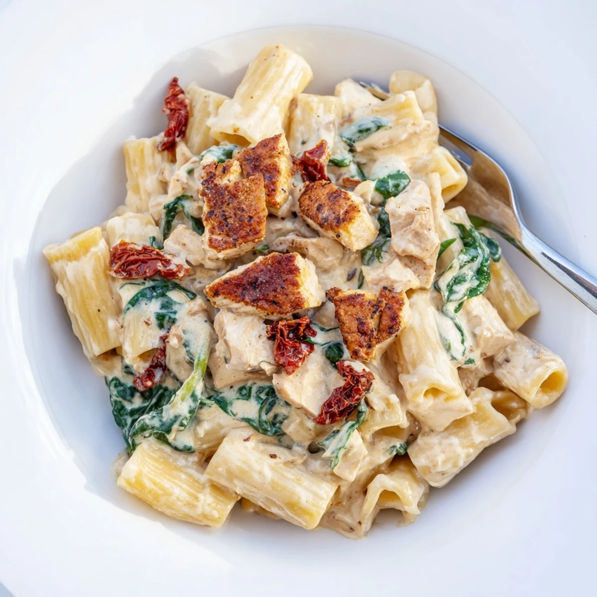Creamy Tuscan chicken pasta plated with Parmesan shreds, featuring tender pasta and savory sun-dried tomato bits.