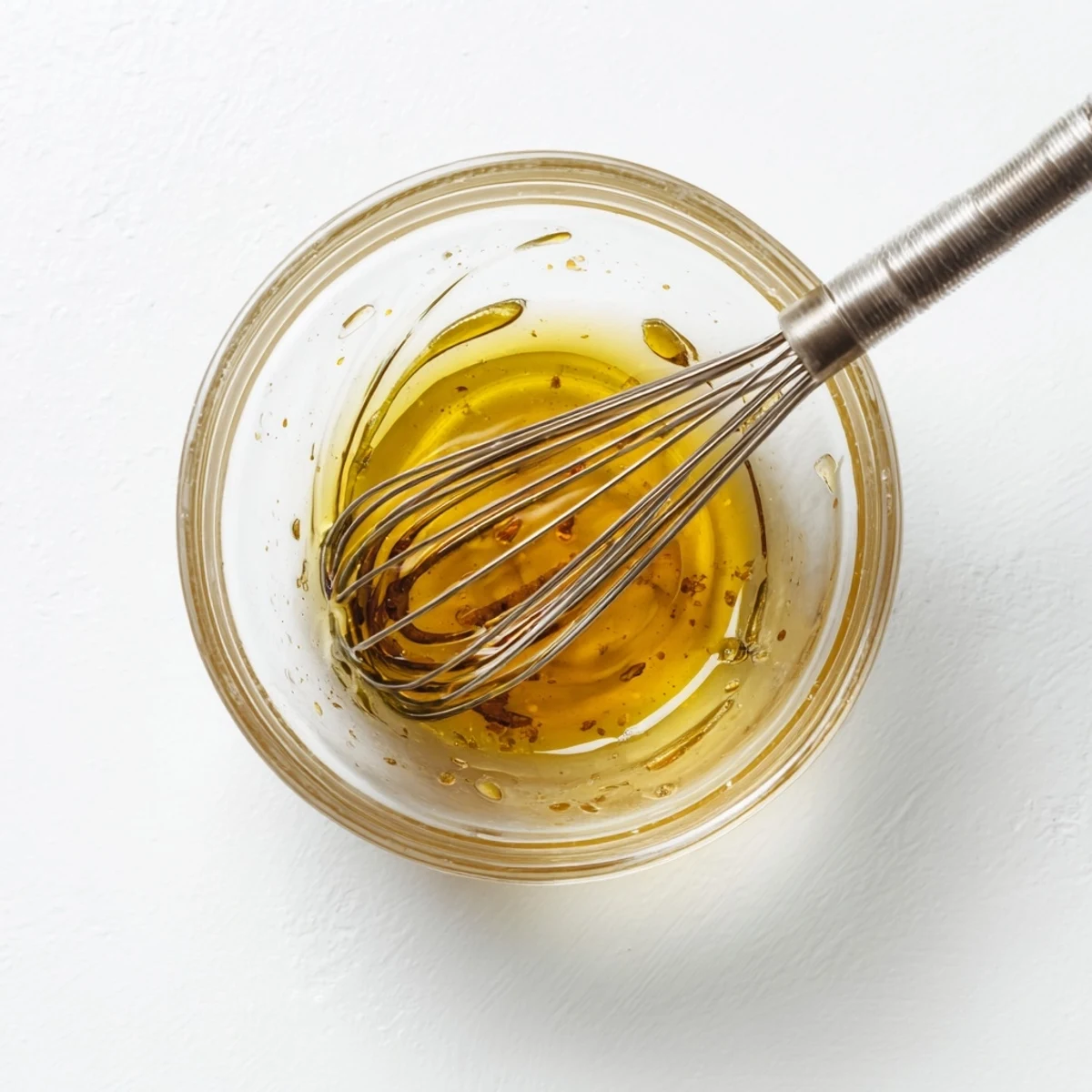 Golden honey vinaigrette drizzled over fresh mixed greens in a white bowl  