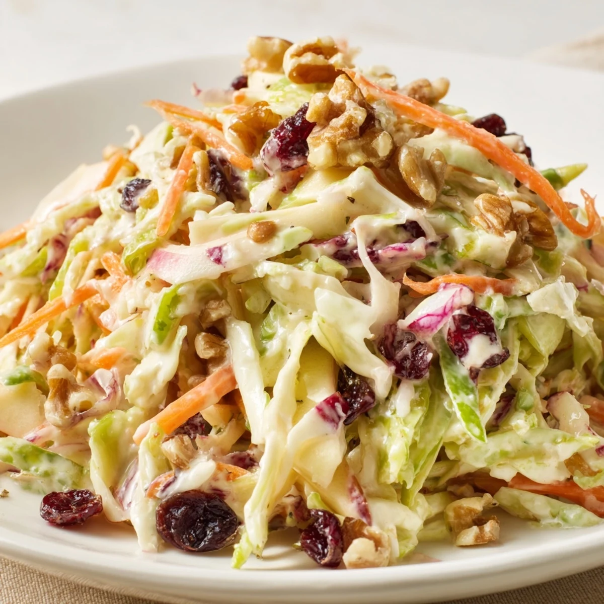 Colorful bowl of fresh Cranberry Apple Coleslaw with crisp cabbage and tart cranberries.