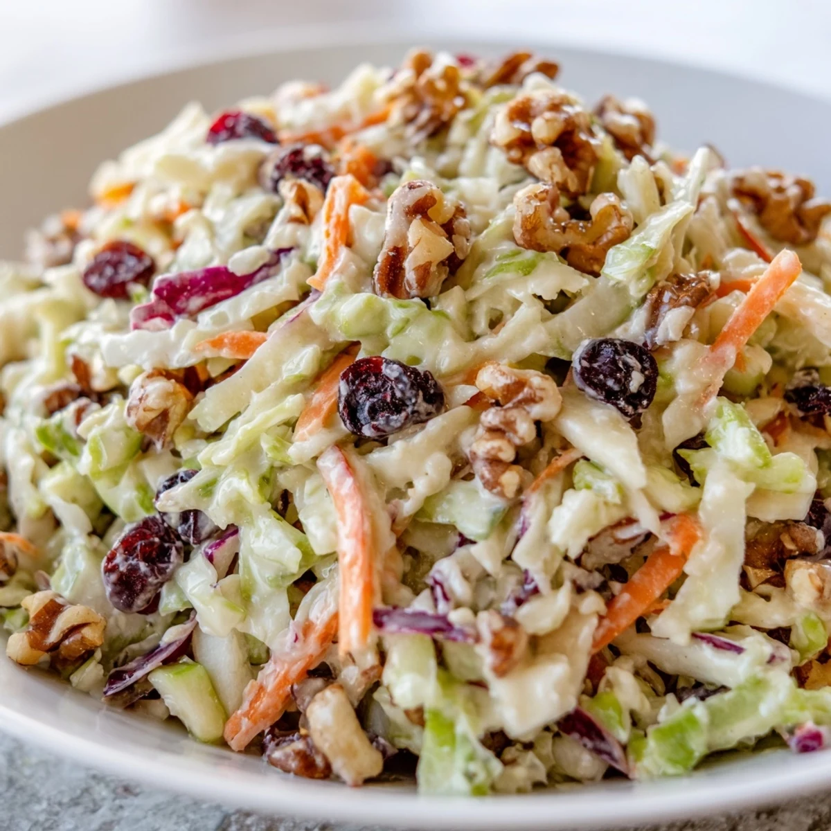 Creamy Cranberry Apple Coleslaw topped with chopped walnuts and sweet apple shreds.