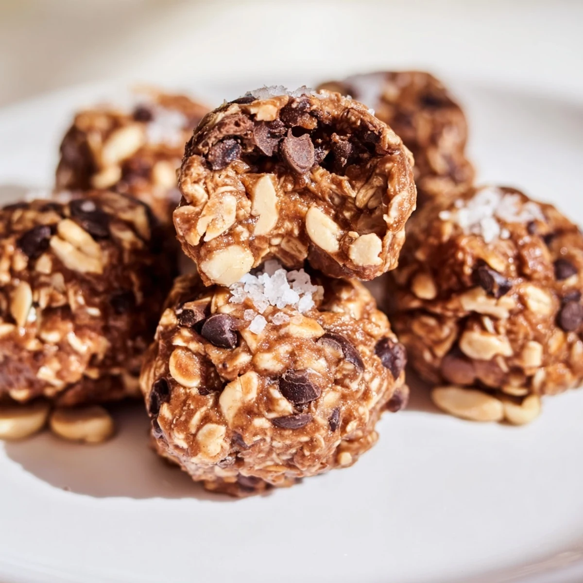 Wholesome Snickers energy balls rolled with chopped peanuts and dark chocolate chips  
