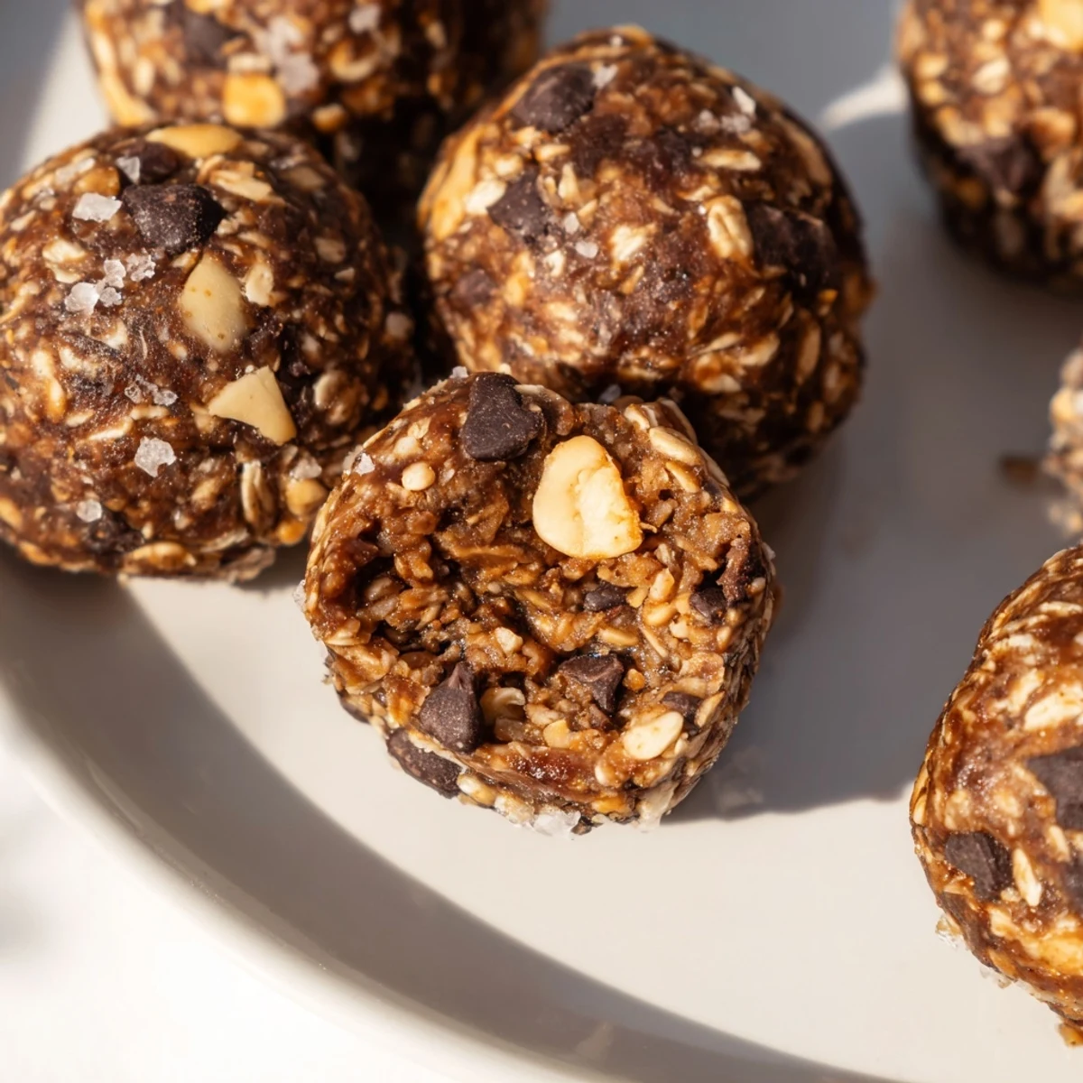 Rich chocolatey Snickers energy bites topped with crunchy roasted peanuts and sea salt  