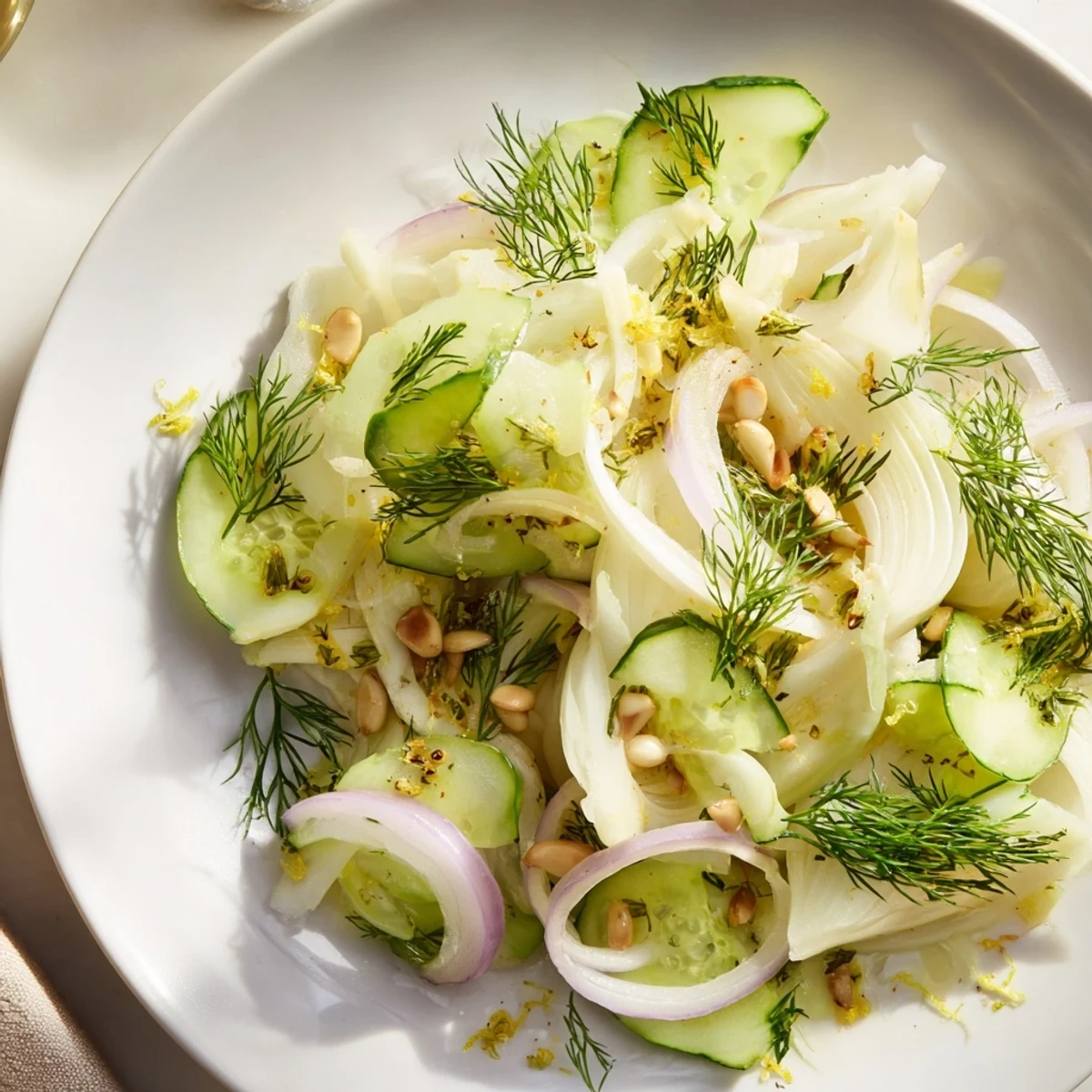 Thinly sliced fennel and cucumber in a light lemon and olive oil dressing.