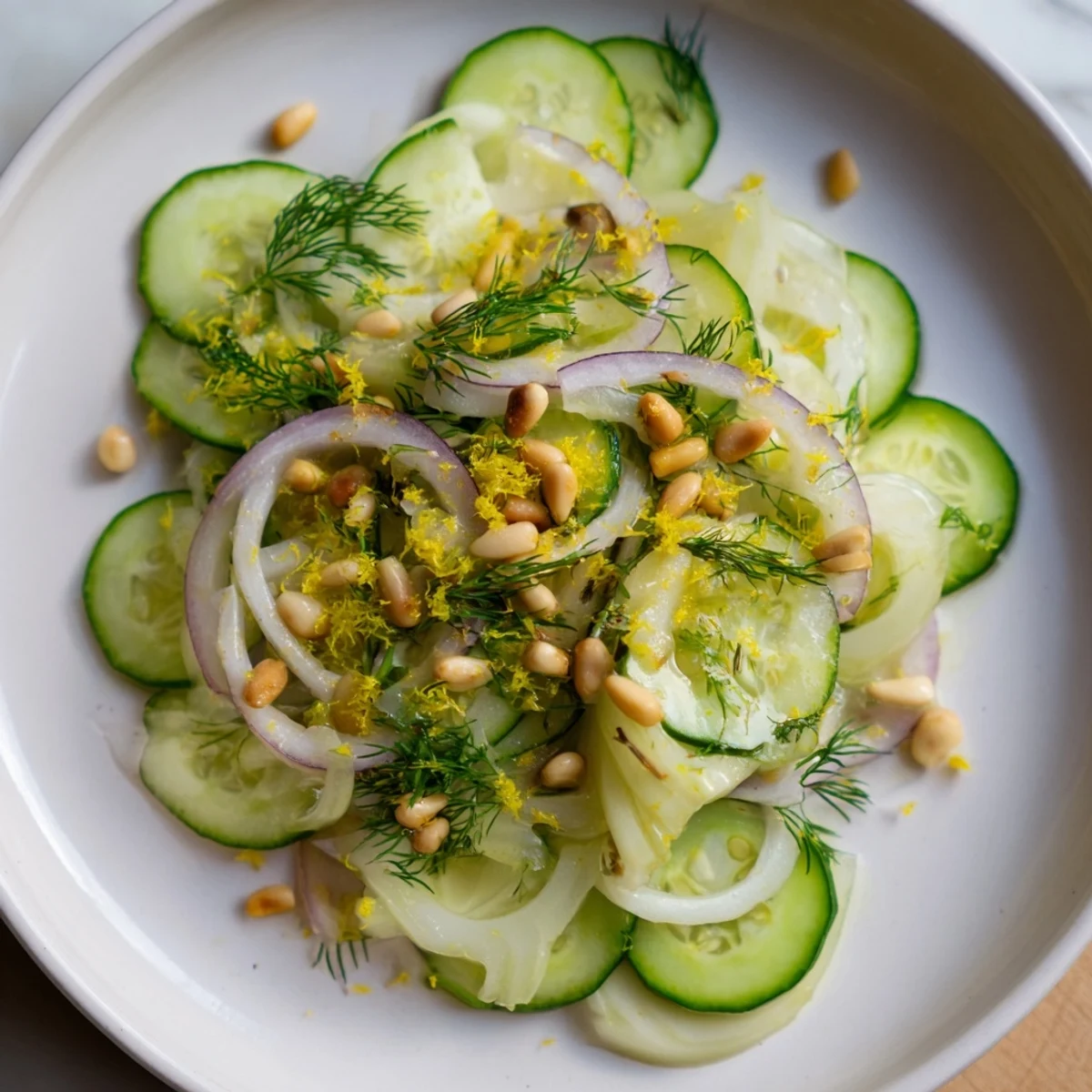 Refreshing Crisp Fennel Cucumber Salad served with lemon zest and toasted pine nuts.