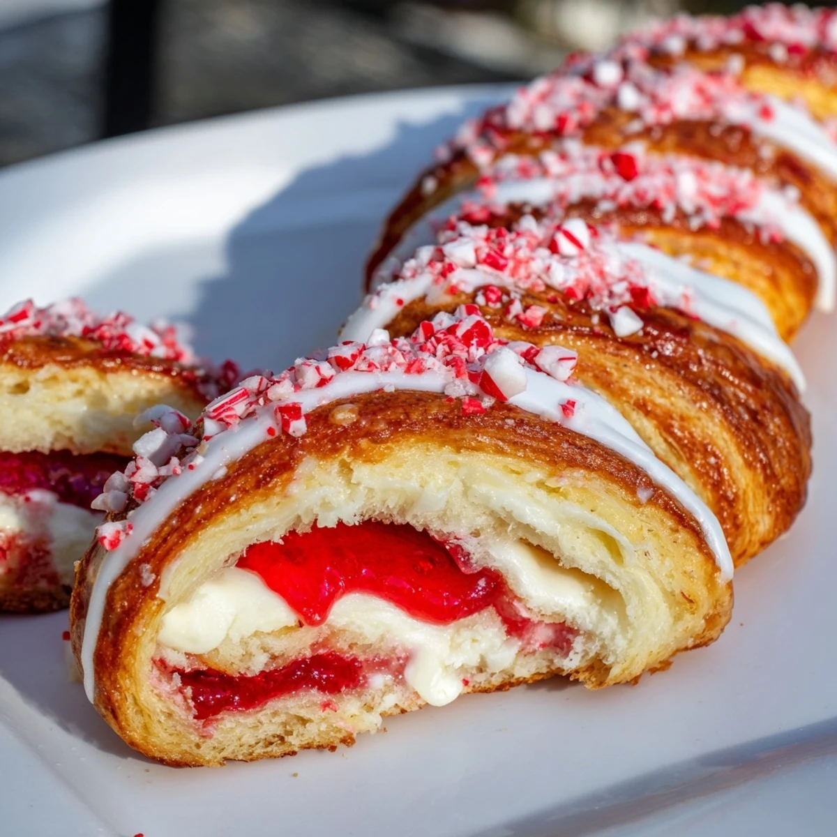 Golden Candy Cane Crescent pastry drizzled with icing and peppermint crumbs on a white plate.  