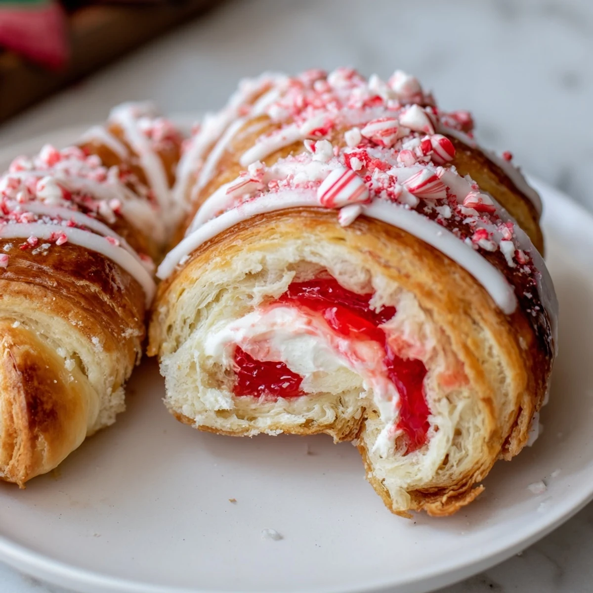 Warm flaky Candy Cane Crescent filled with strawberry jam and cream cheese for holiday breakfast.  