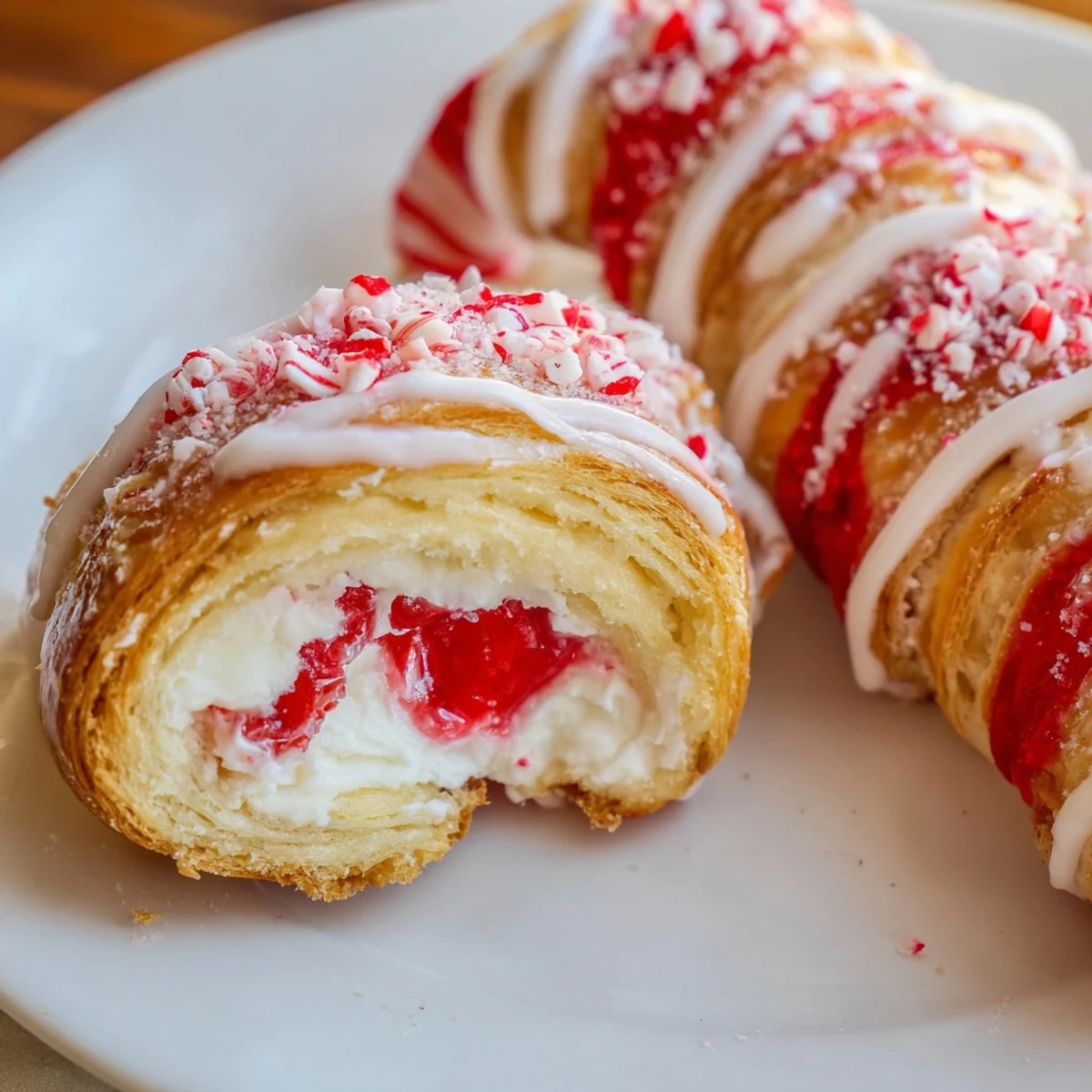 Festive Candy Cane Crescent dessert topped with red sugar and crushed candy canes.