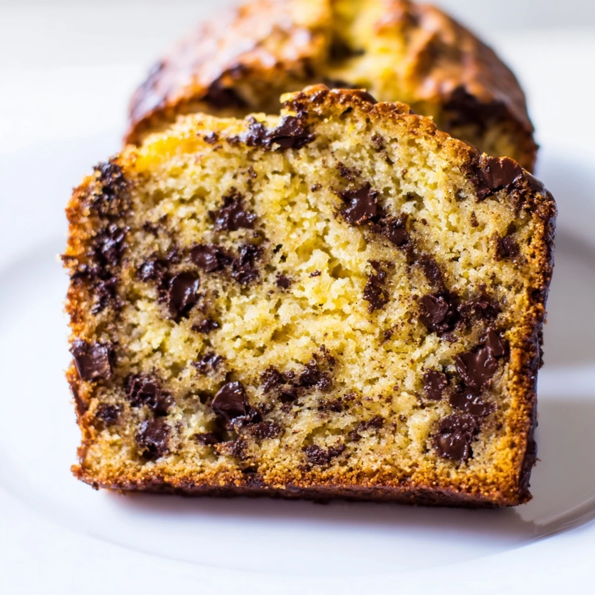 Golden slice of one bowl banana bread with chocolate chips on a plate