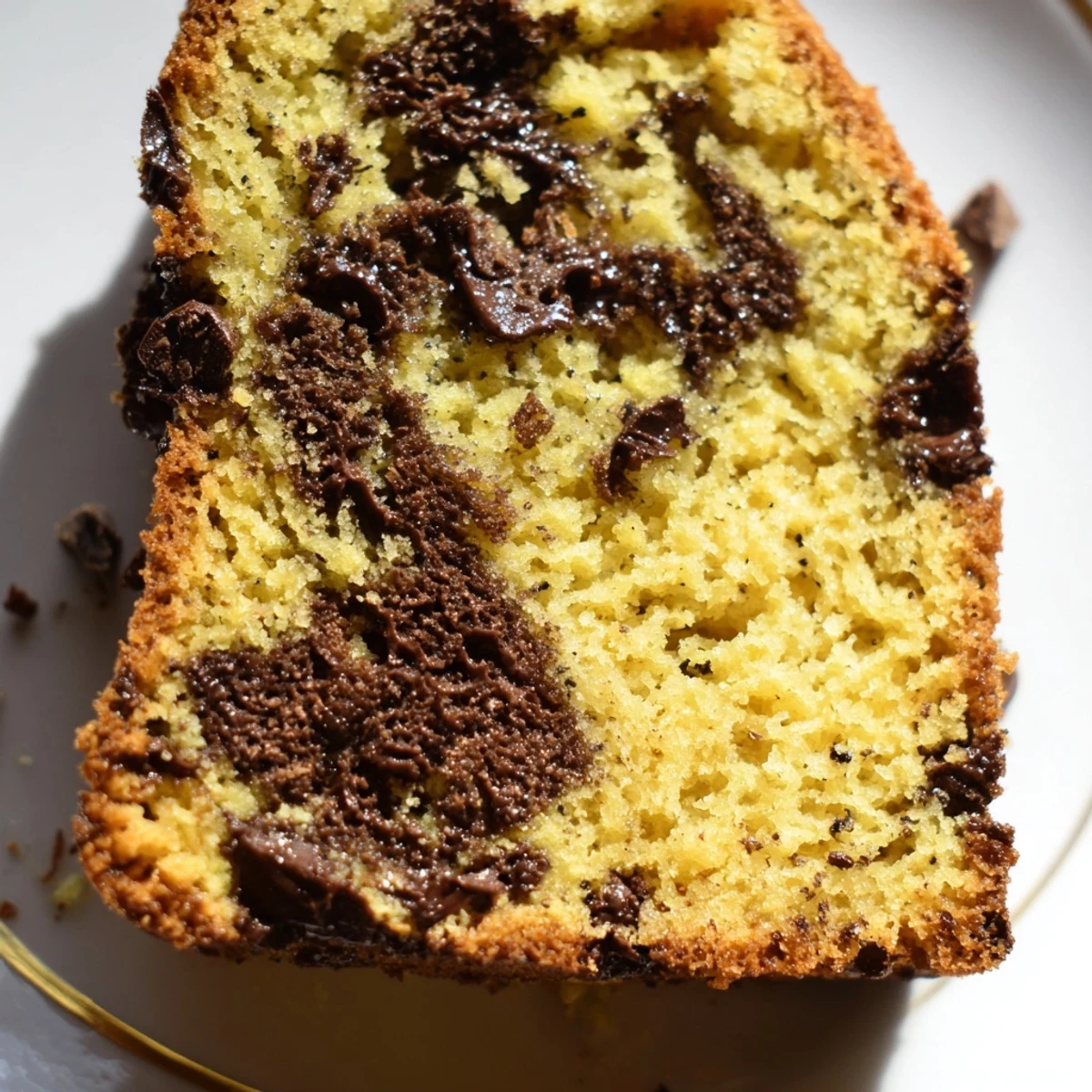 Warm one bowl banana bread studded with chocolate chips served on a wooden board