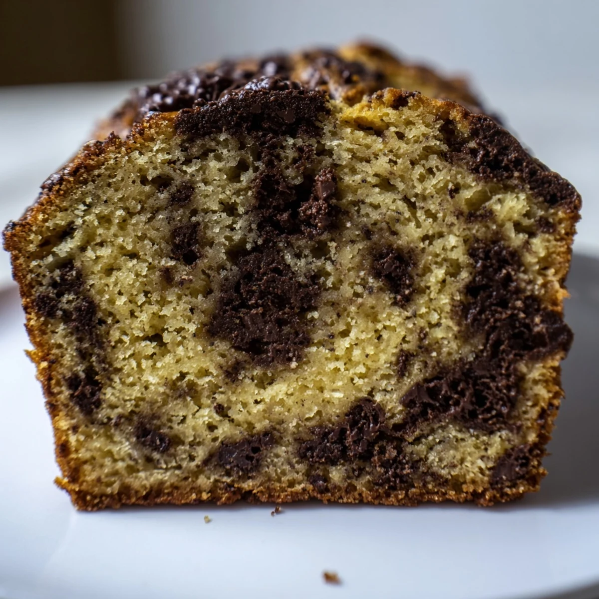 Moist one bowl banana bread with melted chocolate chips inside a loaf pan