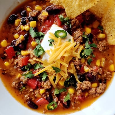 Hearty crockpot ground beef taco soup loaded with beans corn and rich tomato broth