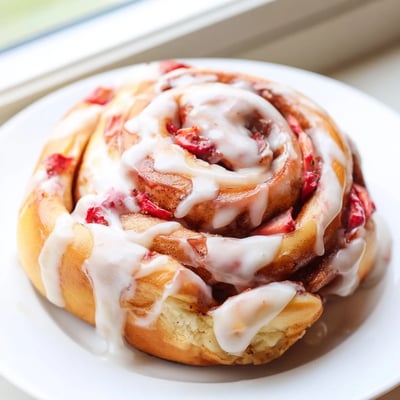 Warm strawberry cinnamon rolls swirled with brown sugar and fresh berry filling