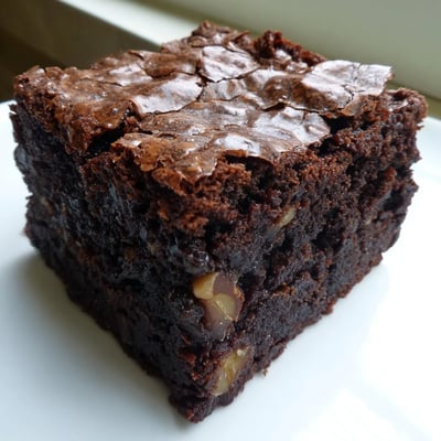 Ultimate brownies stacked on a rustic plate beside a scoop of vanilla ice cream