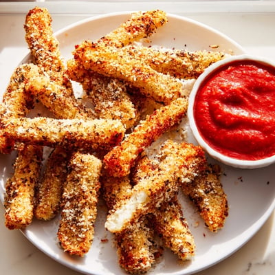Crispy baked cottage cheese fries sprinkled with paprika served hot on a white plate