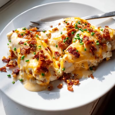 Creamy baked crack chicken nestled in a rustic dish with snipped chive garnish