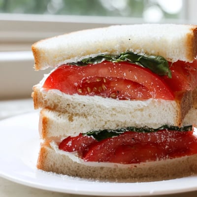 Golden sourdough bread cradling thick tomato rounds and fragrant basil in a satisfying tomato sandwich